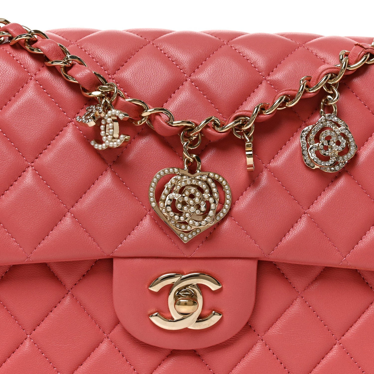 Chanel Lambskin Quilted Valentine Charms Medium Flap Bag Pink