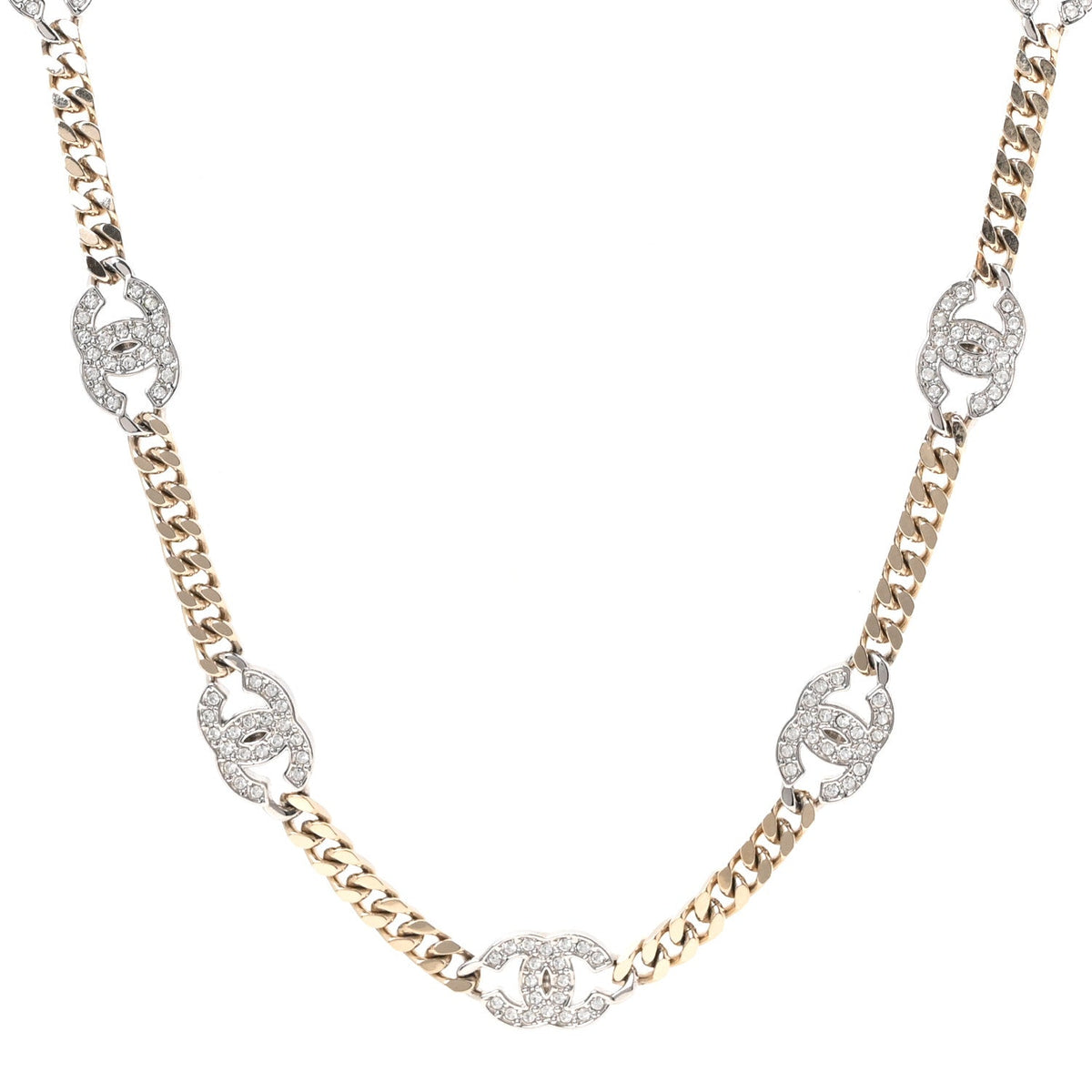 Chanel Crystal Chain CC Link Necklace Gold Silver