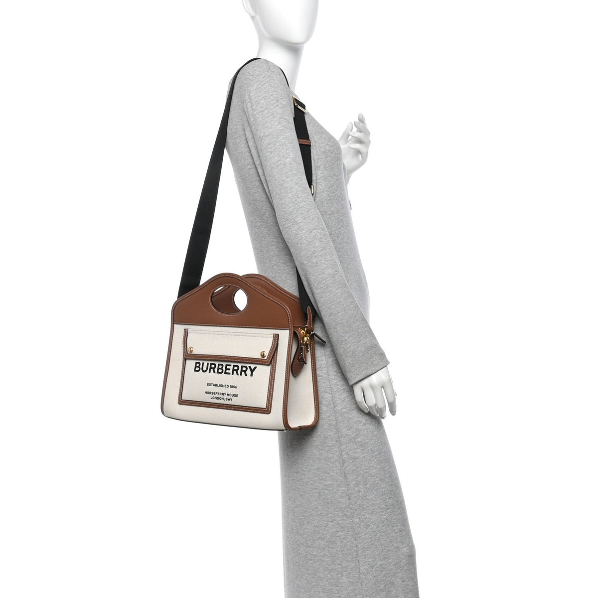 Burberry Canvas Smooth Calfskin Two Tone Small Pocket Bag Natural Malt Brown