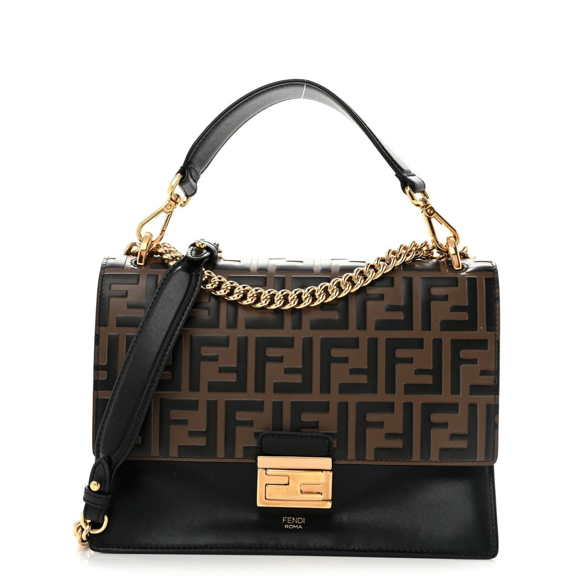 Fendi Vitello Liberty Bi-Color FF 1974 Kan U Shoulder Bag Black Maya