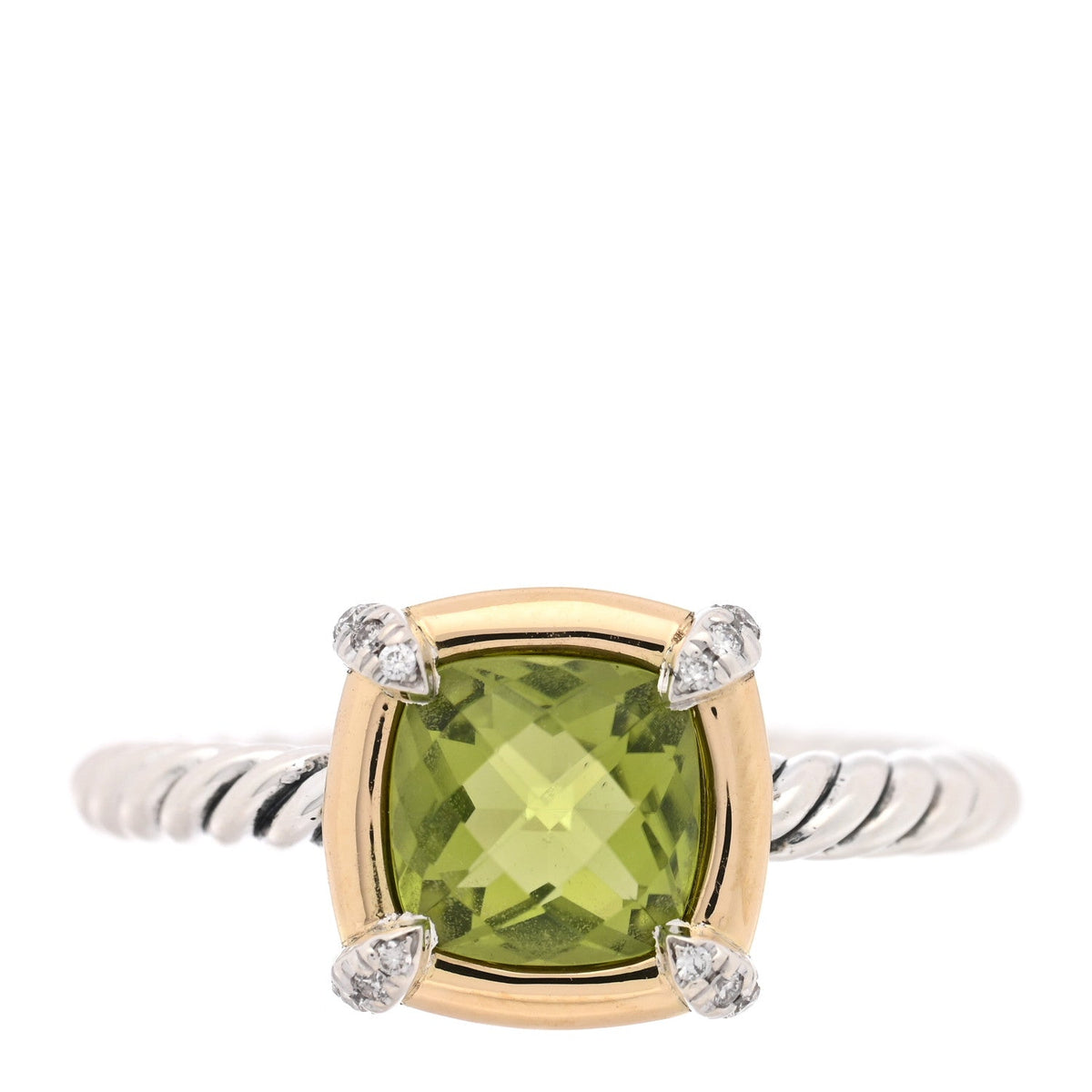 David Yurman Sterling Silver 18K Yellow Gold Diamond Peridot 7mm Chatelaine Bezel Ring 53 6.25