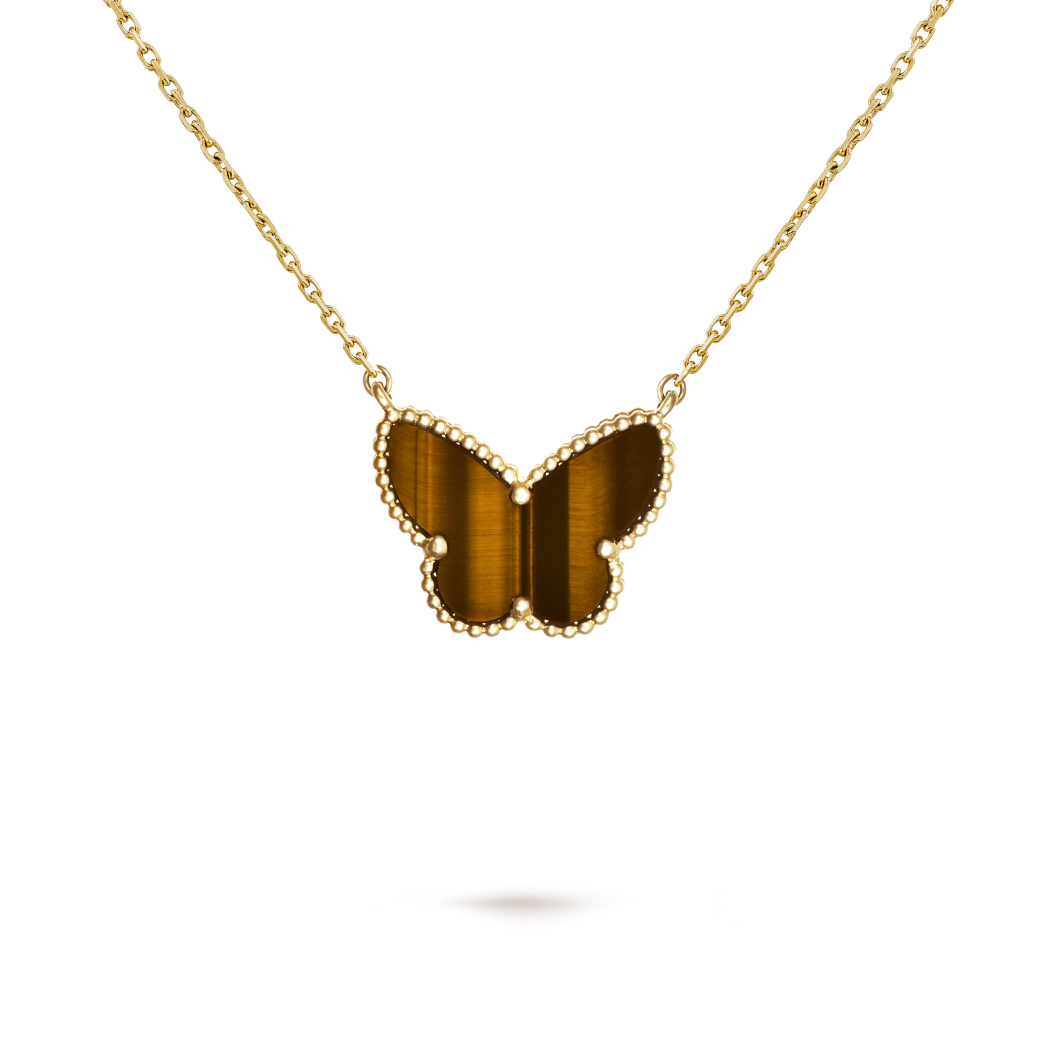 18K Yellow Gold Tiger Eye VCA Lucky Alhambra Butterfly Pendant