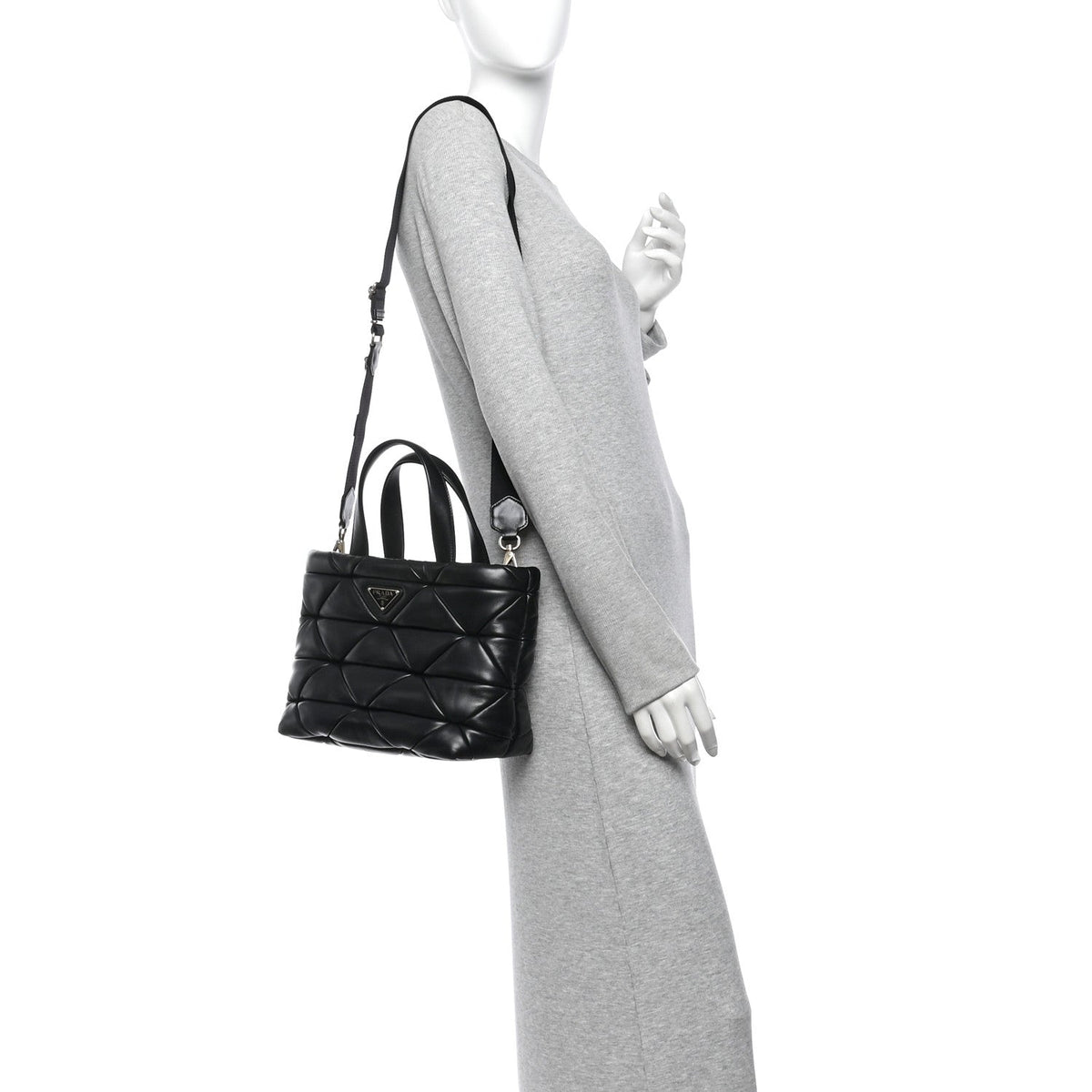 Prada Nappa Triangle Quilted Double Handled Zip Pocket Tote Black