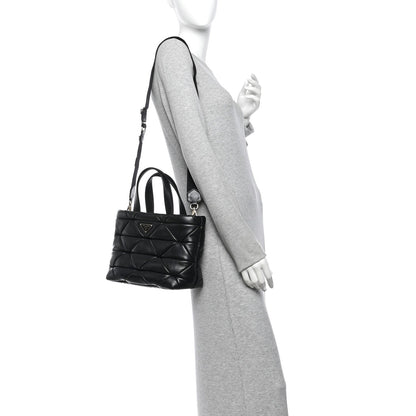 Prada Nappa Triangle Quilted Double Handled Zip Pocket Tote Black