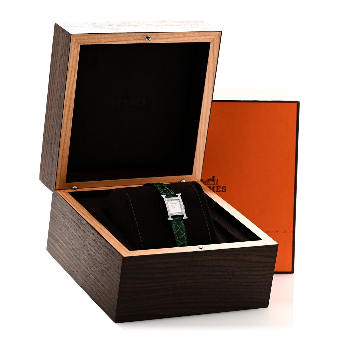 Hermes Stainless Steel Alligator Diamond 17.2mm Heure H Watch Vert Moyen