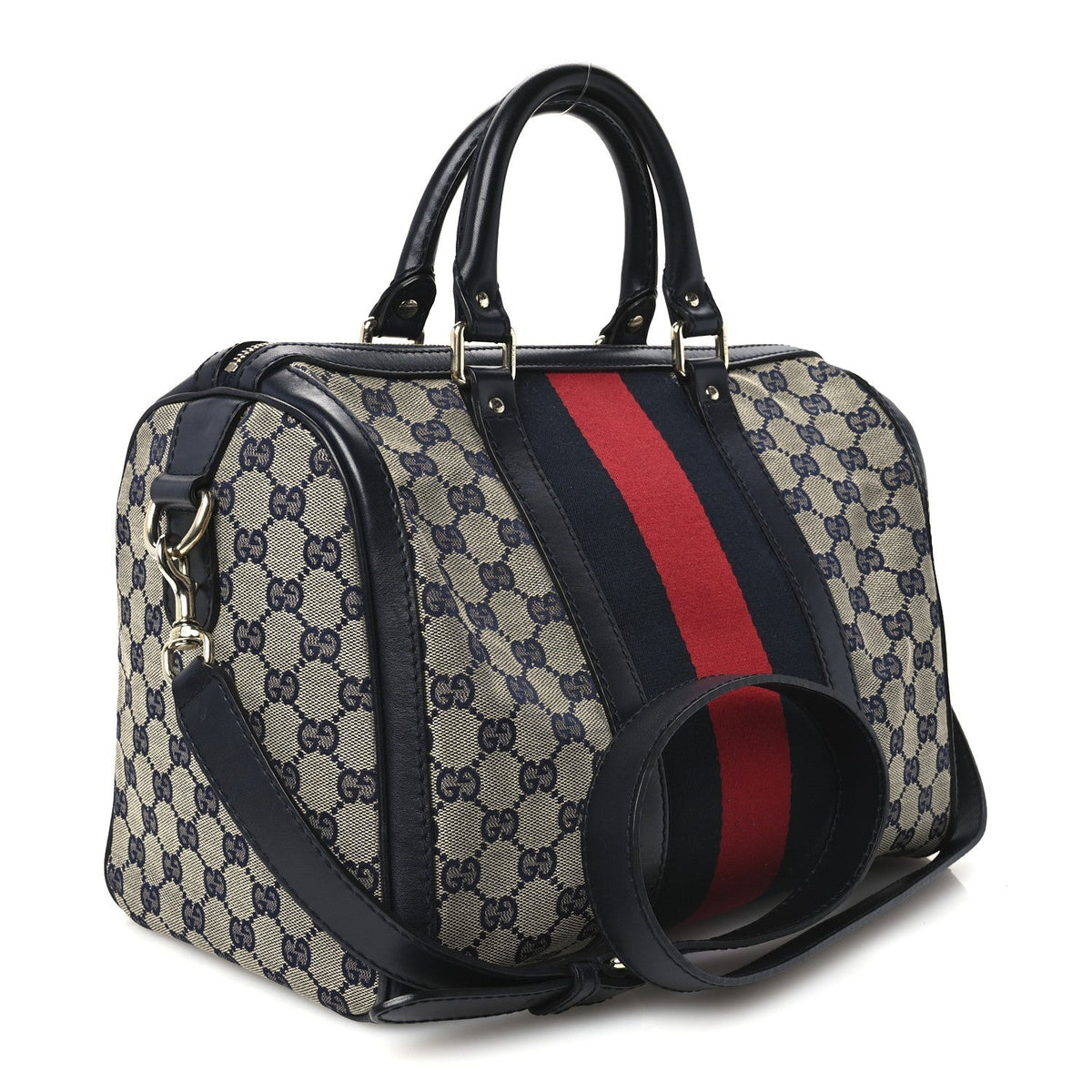 Gucci Monogram Selleria Calfskin Vintage Web Medium Boston Beige Blue