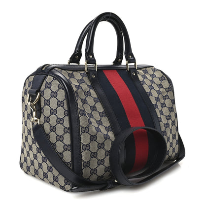 Gucci Monogram Selleria Calfskin Vintage Web Medium Boston Beige Blue