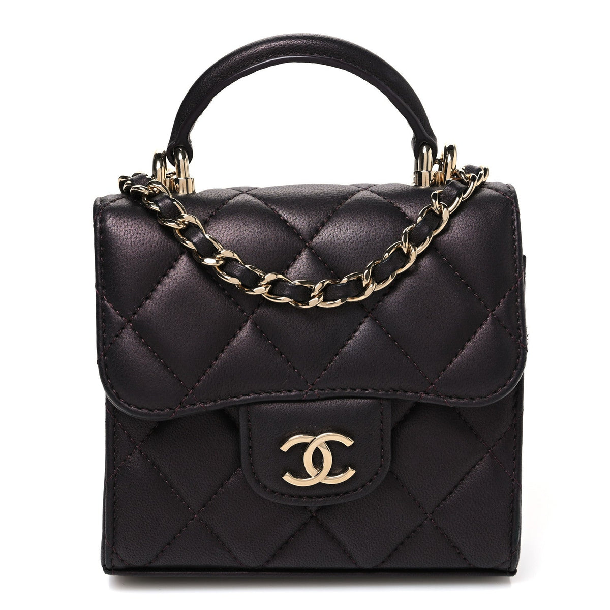 Chanel Iridescent Lambskin Quilted Top Handle Clutch With Chain Bordeaux