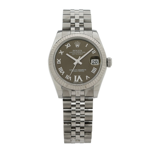 Rolex Stainless Steel 18K White Gold Diamond 31mm Oyster Perpetual Datejust Watch Dark Grey Roman 178274