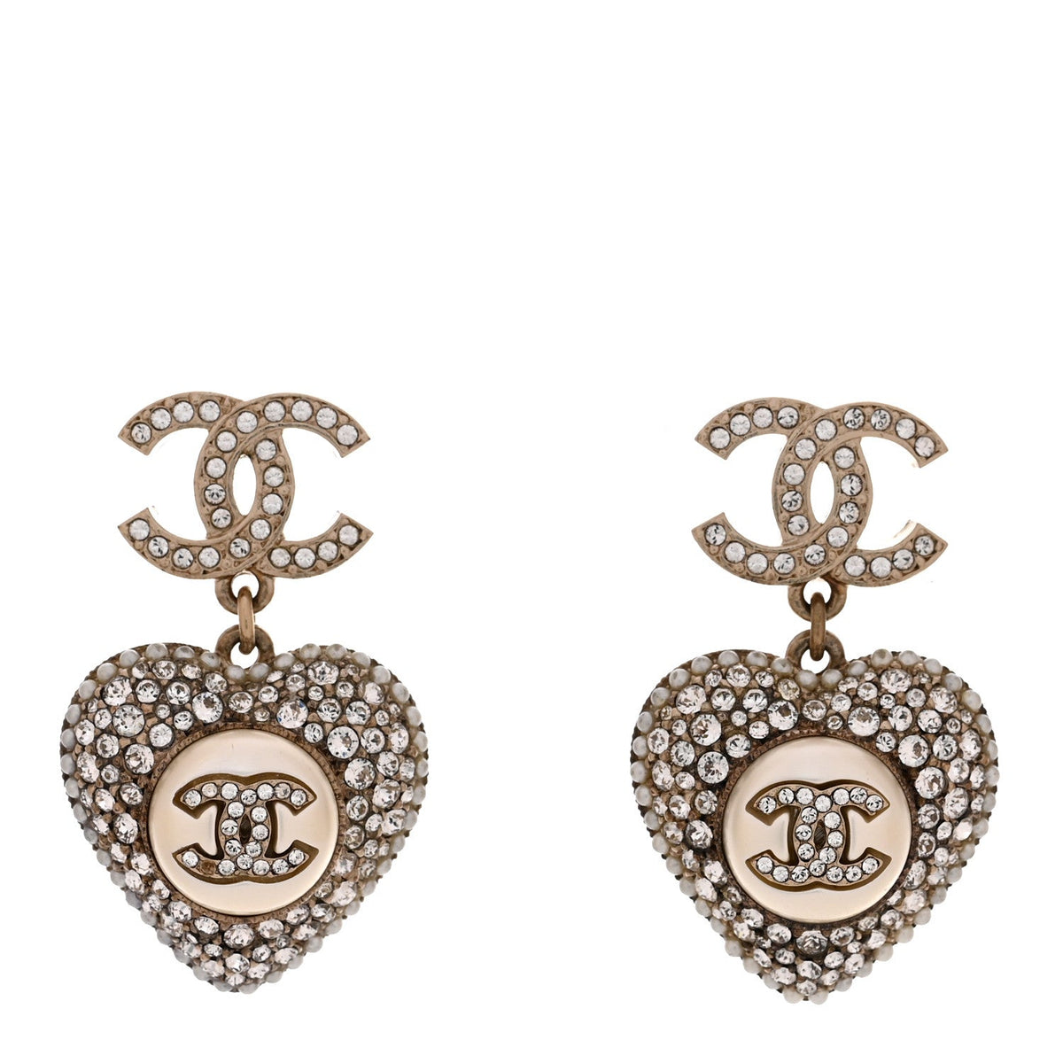 Chanel Pearl Crystal CC Heart Drop Earrings Gold White