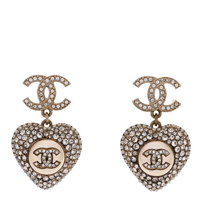Chanel Pearl Crystal CC Heart Drop Earrings Gold White