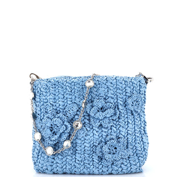 Flower Crystal Chain Shoulder Bag Woven Raffia