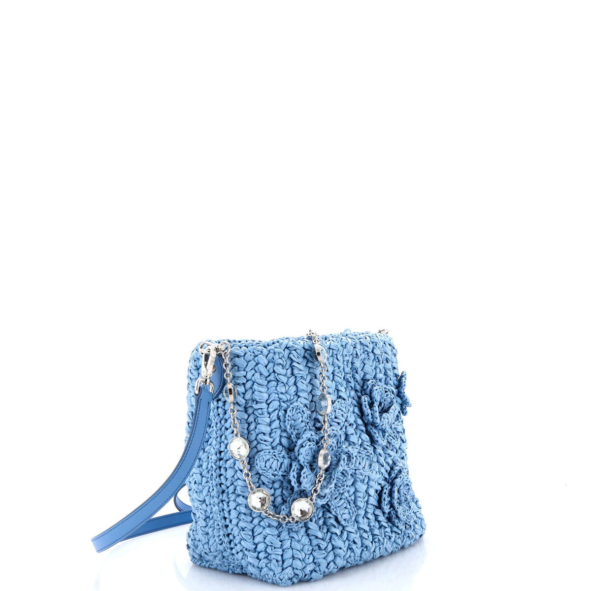 Flower Crystal Chain Shoulder Bag Woven Raffia