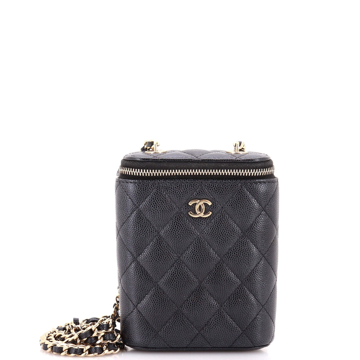 Vertical Classic Vanity Case with Chain Quilted Caviar Small