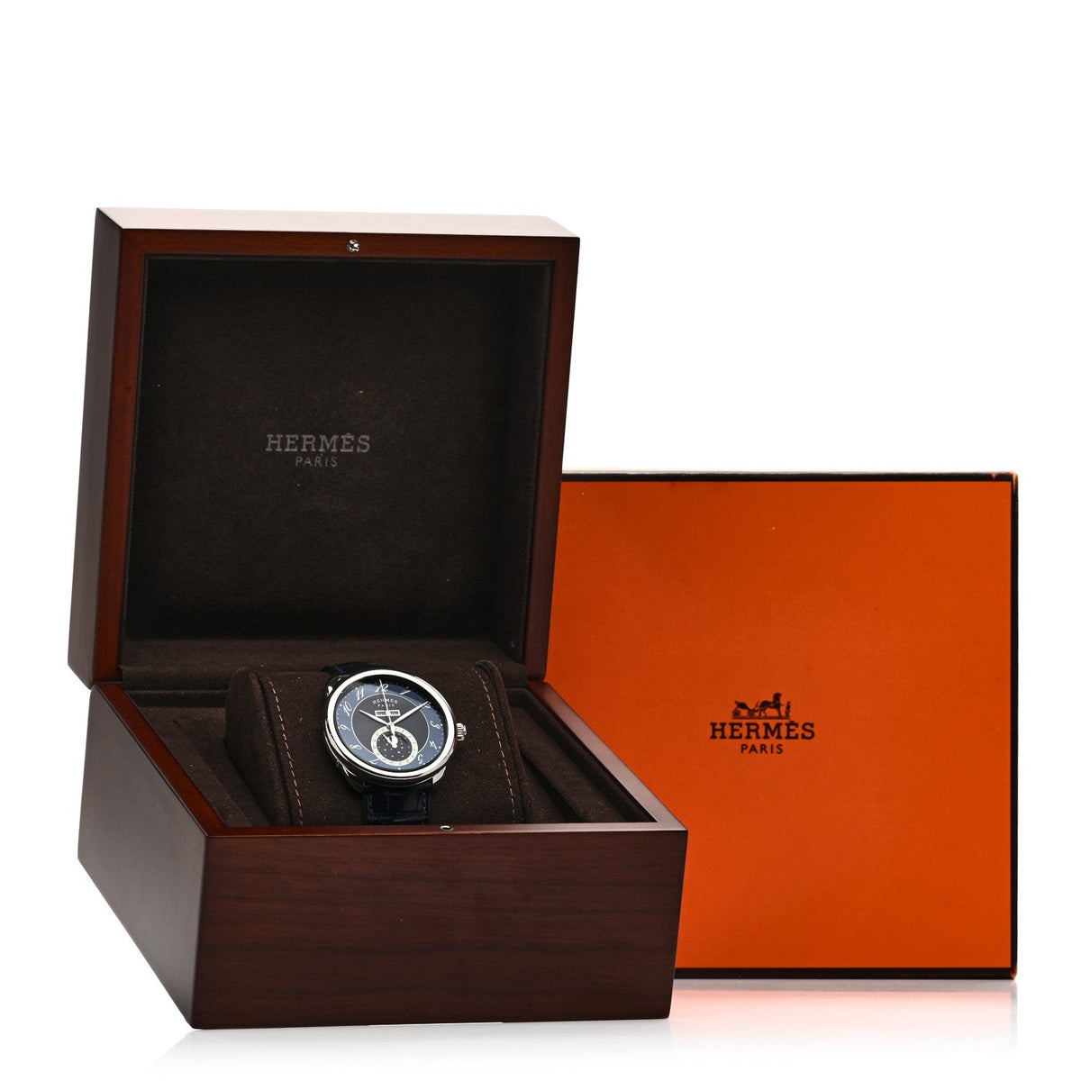 Hermes Stainless Steel Alligator 43mm Arceau Grande Lune Automatic Watch Bleu Abysse