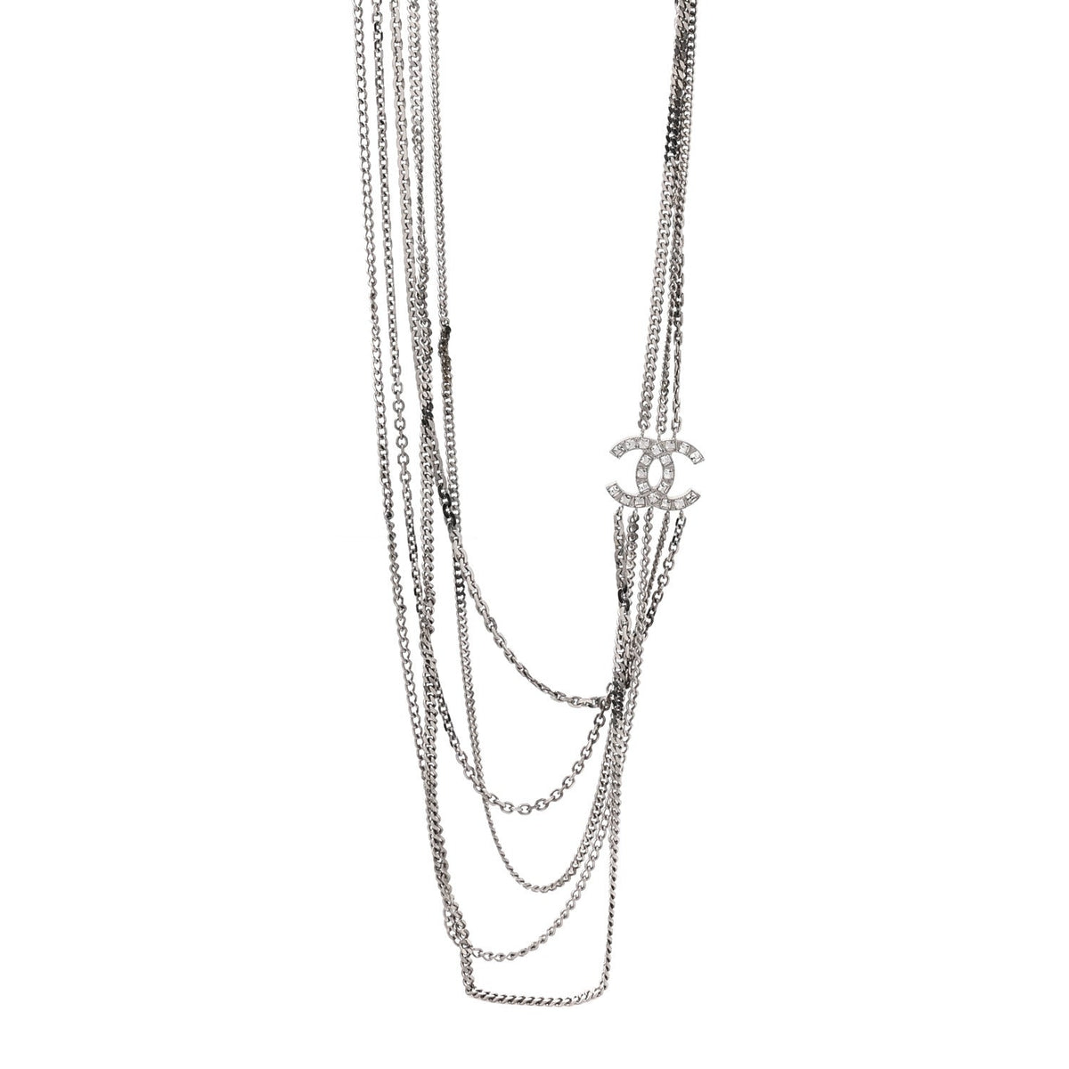 Chanel Baguette Crystal CC Shield Multi Strand Long Chain Necklace Silver