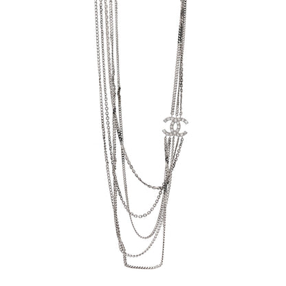 Chanel Baguette Crystal CC Shield Multi Strand Long Chain Necklace Silver