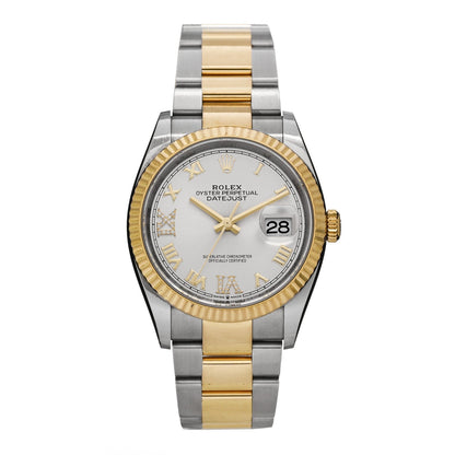 Rolex Stainless Steel 18K Yellow Gold Diamond 36mm Datejust Watch Silver 126233