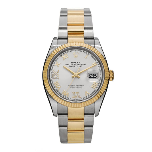 Rolex Stainless Steel 18K Yellow Gold Diamond 36mm Datejust Watch Silver 126233