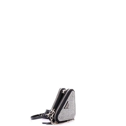 Triangle Double Pouch Crossbody Crystal Embellished Satin Mini