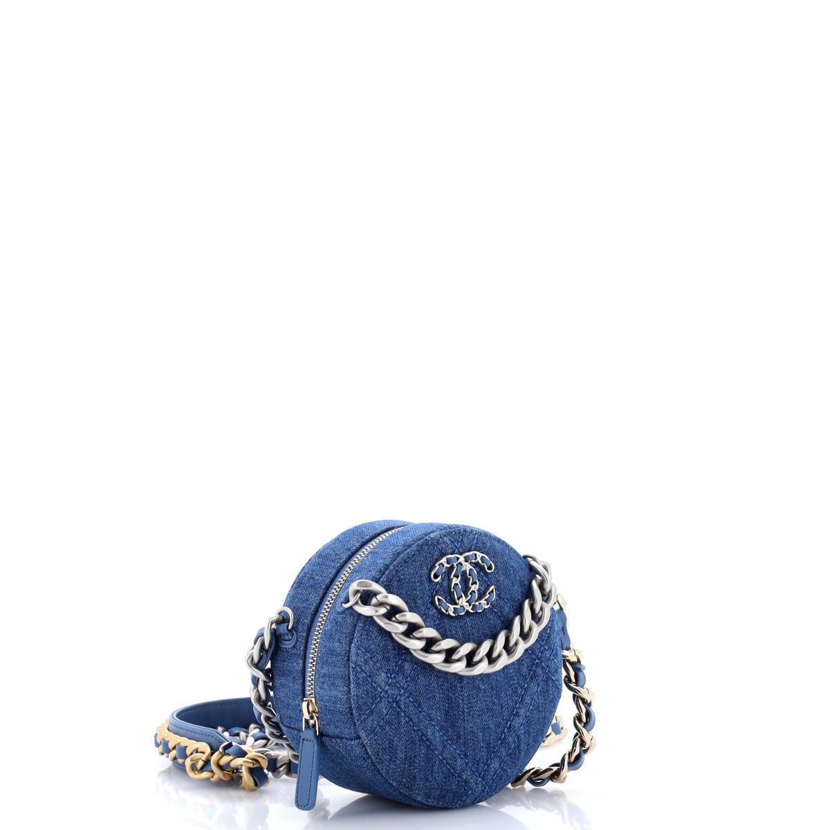 19 Round Clutch with Chain Quilted Denim