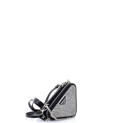 Triangle Double Pouch Crossbody Crystal Embellished Satin Mini