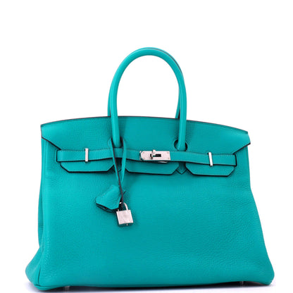 Birkin Handbag Bleu Paon Clemence with Palladium Hardware 35