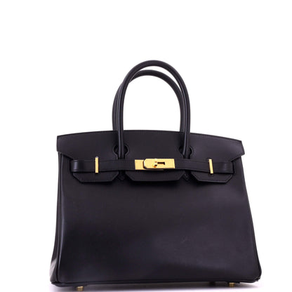 Birkin Handbag Noir Box Calf with Gold Hardware 30