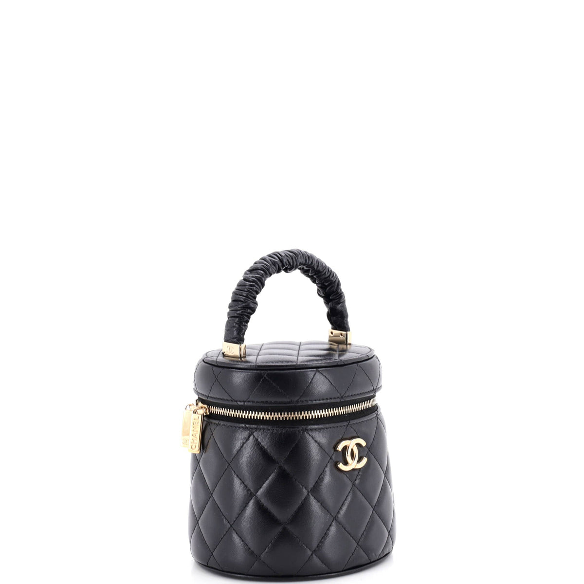 CC Ruched Top Handle Vanity Case Quilted Lambskin Small