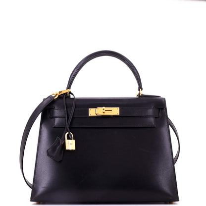Kelly Handbag Noir Box Calf with Gold Hardware 28