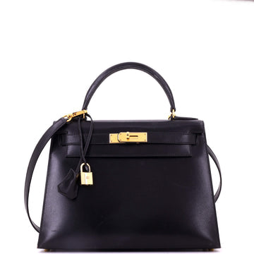 Kelly Handbag Noir Box Calf with Gold Hardware 28