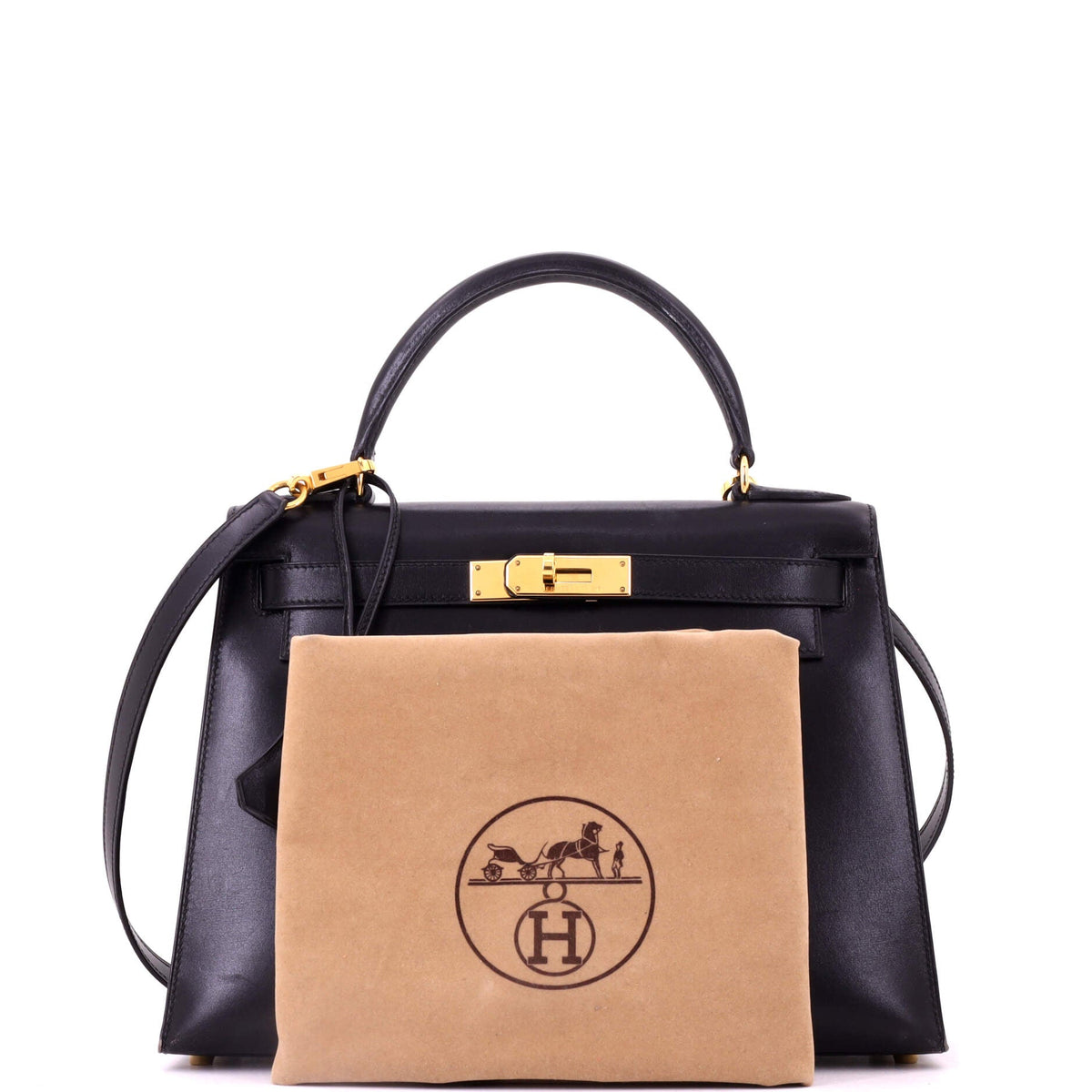 Kelly Handbag Noir Box Calf with Gold Hardware 28