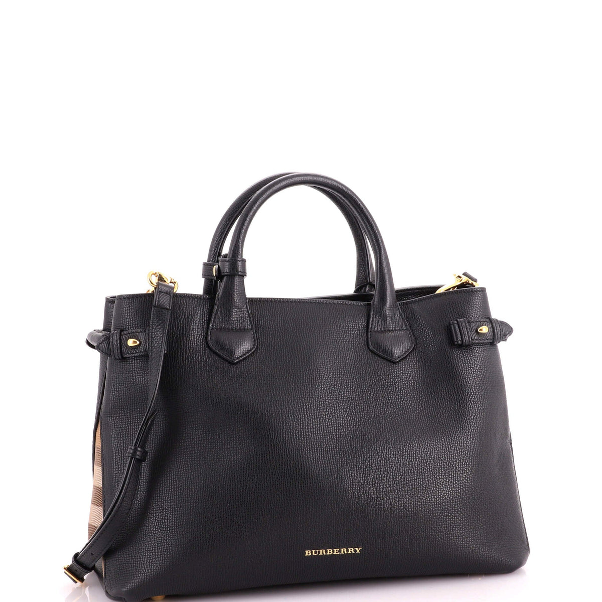 Banner Tote Leather and House Check Canvas Medium