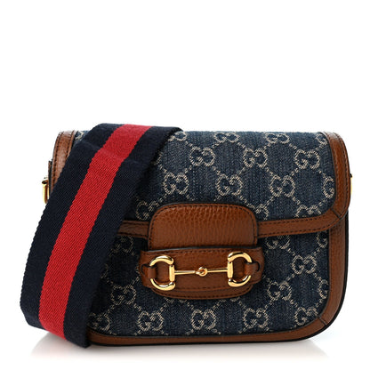 Gucci Denim Calfskin Mini Horsebit 1955 Shoulder Bag Blue Tea Cuir