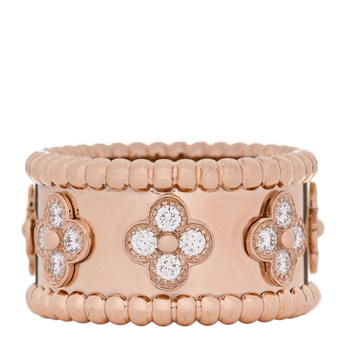 Van Cleef & Arpels 18K Rose Gold Diamond Perlee Clovers Ring 48 4.5