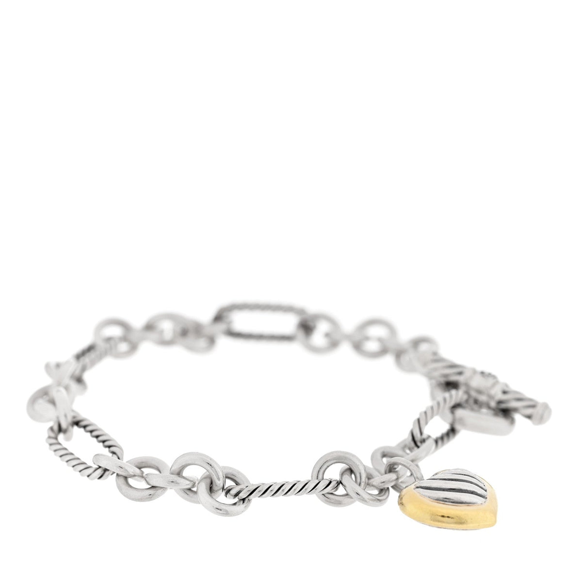 David Yurman Sterling Silver 18K Yellow Gold Cable Heart Charm Bracelet