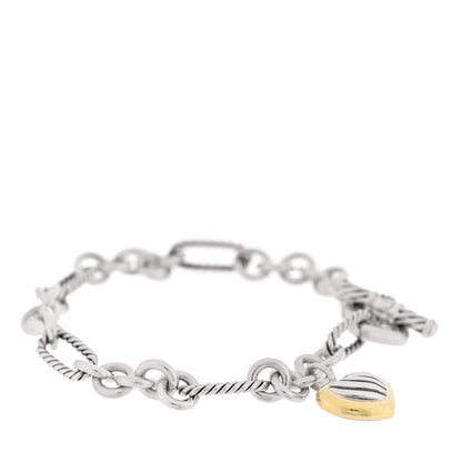 David Yurman Sterling Silver 18K Yellow Gold Cable Heart Charm Bracelet