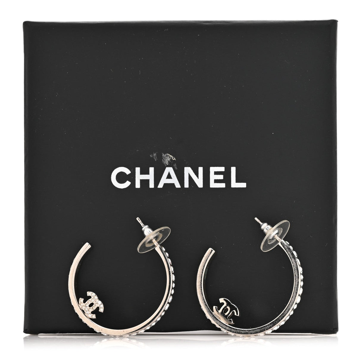Chanel Metal Crystal Baguette CC Large Hoop Earrings Silver