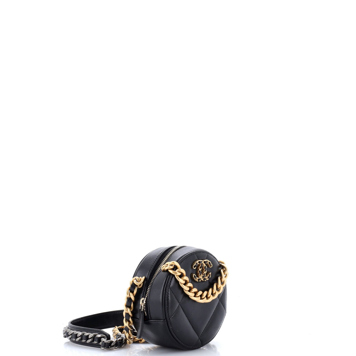 19 Round Clutch with Chain Quilted Leather