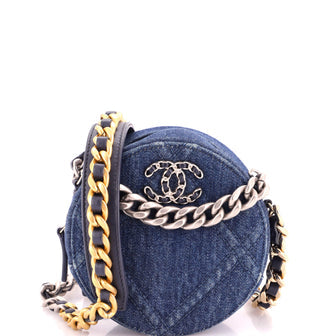 19 Round Clutch with Chain Quilted Denim