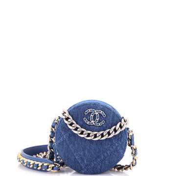 19 Round Clutch with Chain Quilted Denim