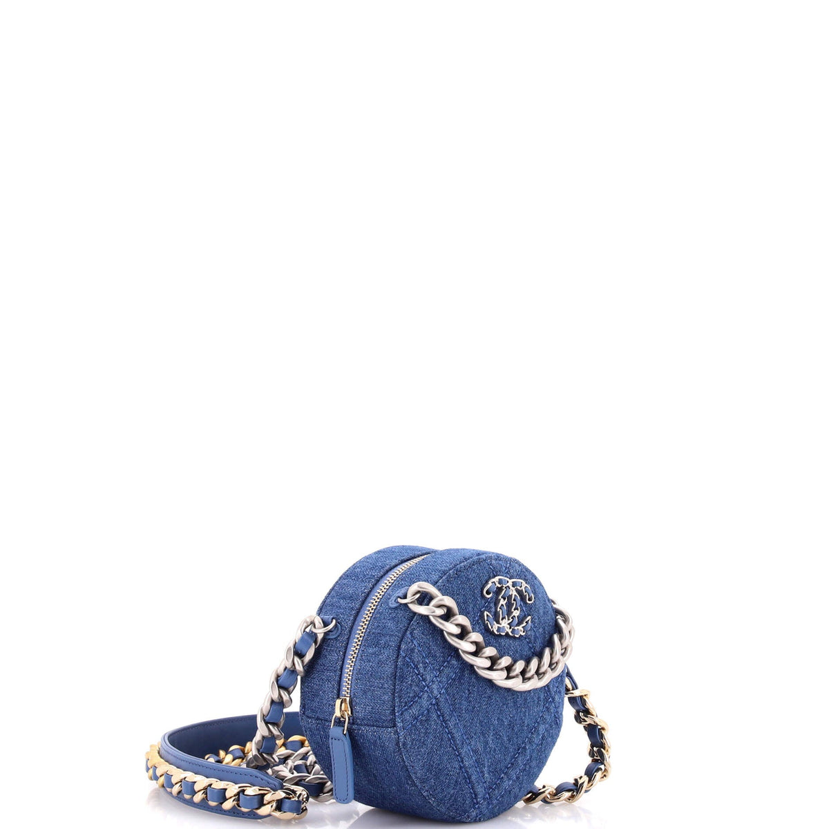 19 Round Clutch with Chain Quilted Denim