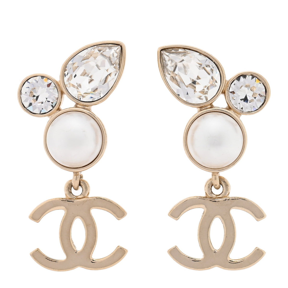 Chanel Pearl Crystal CC Drop Earrings Gold