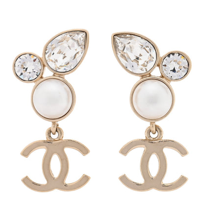 Chanel Pearl Crystal CC Drop Earrings Gold
