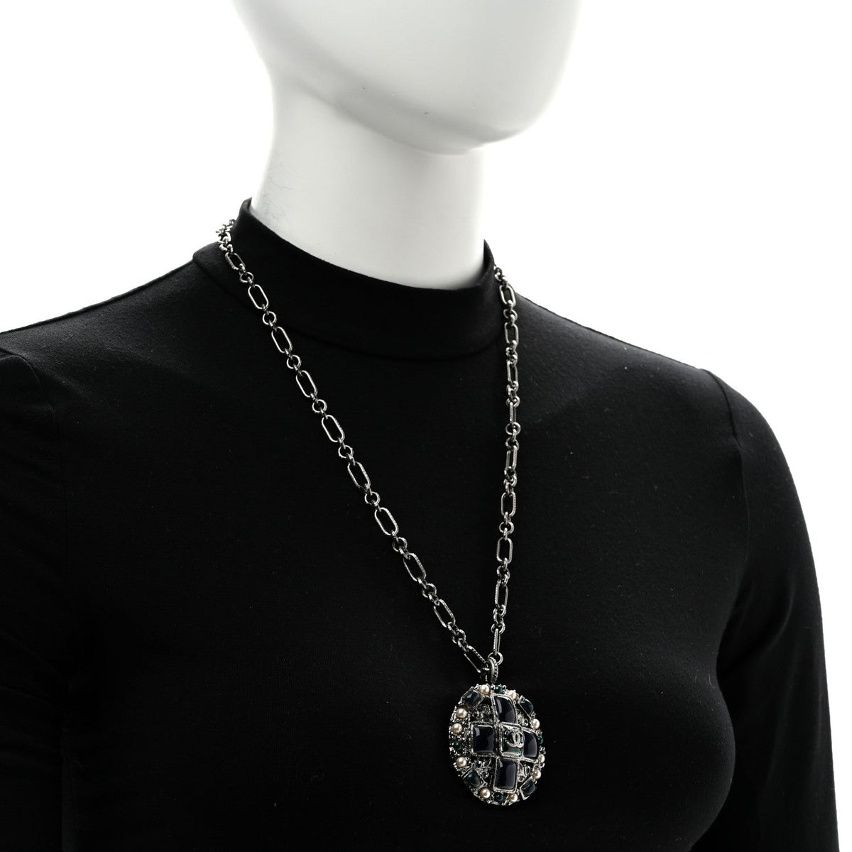 Chanel Gripoix Poured Glass Pearl CC Necklace Silver