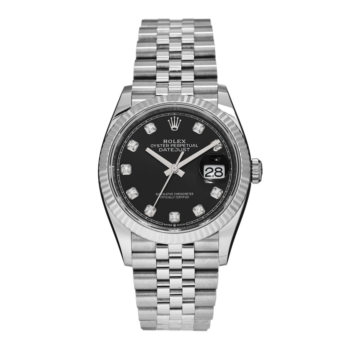Rolex Stainless Steel 18K White Gold Diamond 36mm Datejust Watch Black 126234