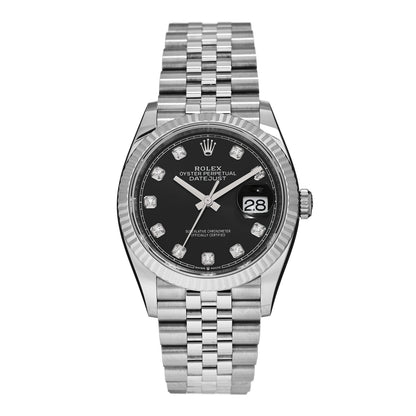 Rolex Stainless Steel 18K White Gold Diamond 36mm Datejust Watch Black 126234
