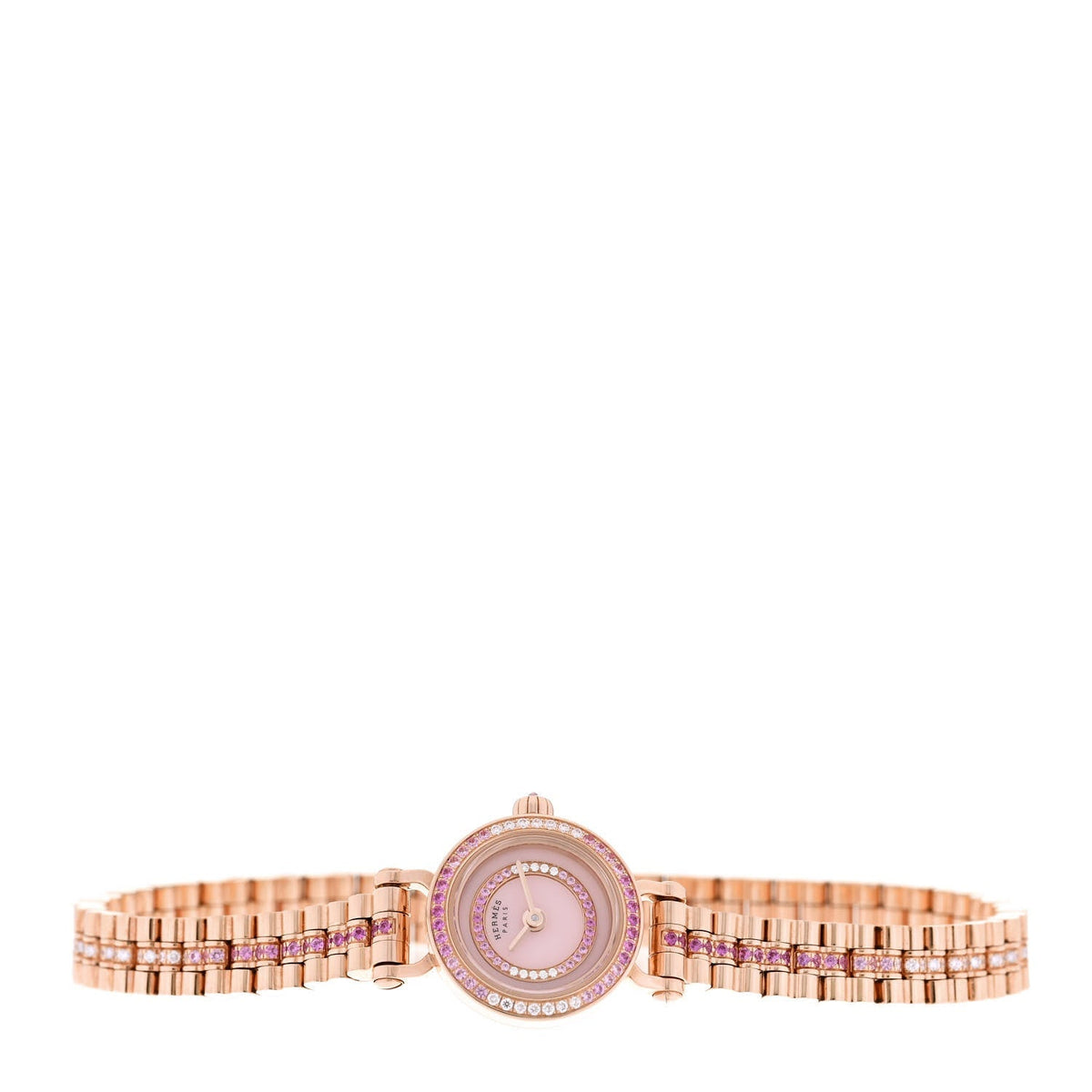 Hermes 18K Rose Gold Diamond Pink Sapphire 16mm Faubourg Quartz Watch