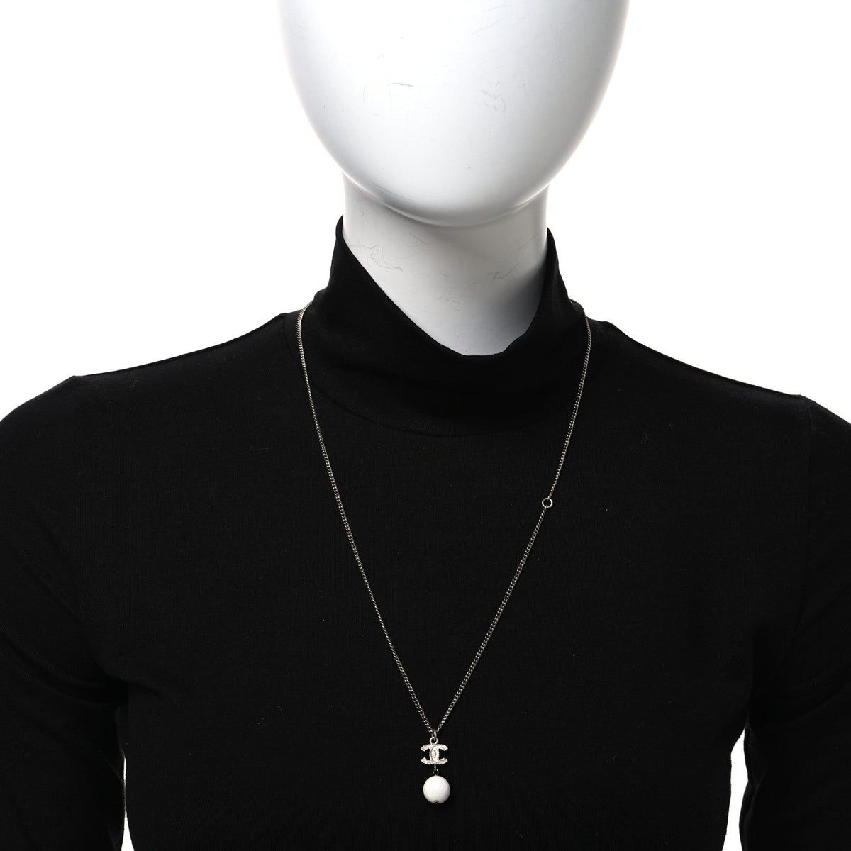 Glitter Enamel CC Drop Necklace Silver White