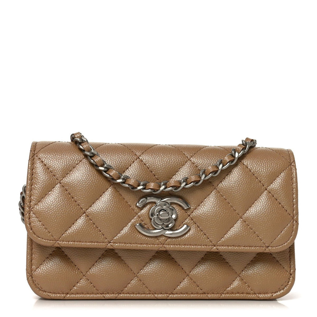 Chanel Iridescent Caviar Camellia Phone Holder With Chain Beige